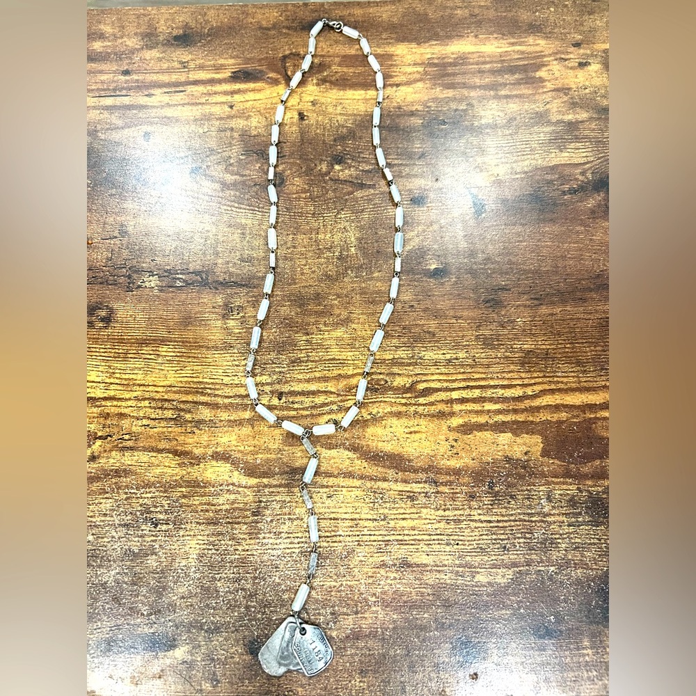 Dog Tag-like Charmed Silver and Frosted White Beaded Long Necklace